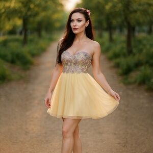 Mon Cheri Strapless Formal Dress–Floral Embroidery, Sweetheart Neckline, Layered